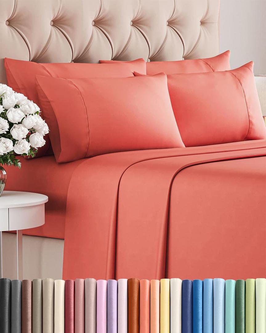 Cal King 6 Piece Sheet Set - Comfy, Breathable & Cooling - Hotel Luxury Bedding for Women, Men, Kids, Teens & Children - 1 Flat & 1 Fitted Sheet & 4 Pillowcases w/ Deep Pockets - Wrinkle Free - Coral