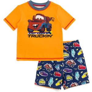 Disney Cars UPF 50+ Rash Guard Shirt and Swim Trunks Outfit Set Toddler to Little Kid Sizes (2T - 7-8) (Orange / Navy, Mater)