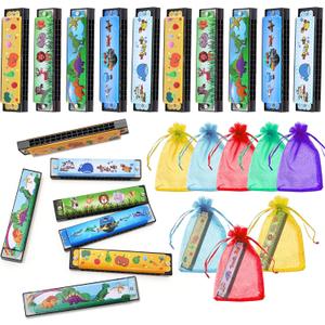 10 Sets Harmonica with Organza Gift Bags Music Party Favors 16 Holes Cartoon Harmonica Musical Instrument for Musical Party Gift Harmonica Beginner Kid Musical Instrument Toys (Style 3)