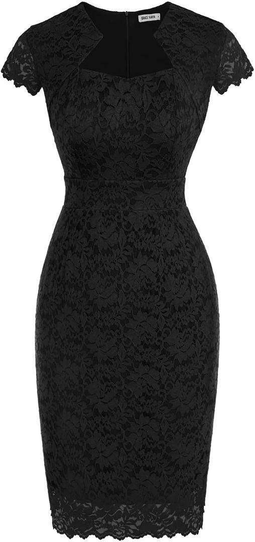GRACE KARIN Cocktail Dress for Women Cap Sleeve Lace Dress for Wedding Guest Business Casual Dresses (Black, M)