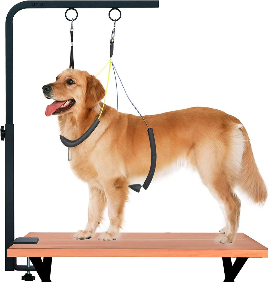 31" Dog Grooming Arm with Clamp  Adjustable Dog Grooming Table Arm Customizable Height for Small & Medium Dogs, with Grooming Loop Noose & Two No-Sit Haunch Holder Restraint, Black