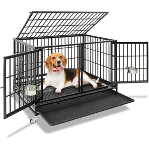 Homey Pet 43 Inch Heavy Duty Dog Crate Cage Kennel for Medium Dogs with Three Door, Divider, Removable Grid & Tray, 4 x Lockable Wheels, 2 x Bowls, Stackable Drop Cages for Breeders, Groomers