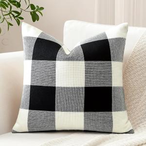 OTOSTAR Buffalo Check Decorative Throw Pillow Cover Outdoor Farmhouse Rustic Linen Plaid Square Pillow Cushion Case for Sofa Couch Bed Patio Home Decor 20x20 Inches, Black
