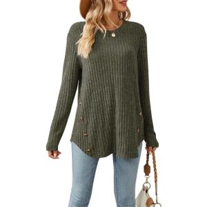 Lafural Womens Long Sleeve Tops Tunic Fall Shirts Women Sweaters Crew Neck Button (Small, Green)