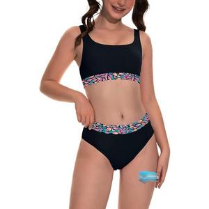 Beautikini Period Swimwear for Teens Two Piece Menstrual Leakproof Swimsuit Bikini Set Mid Waist Print Bathing Suit for Girls, XS