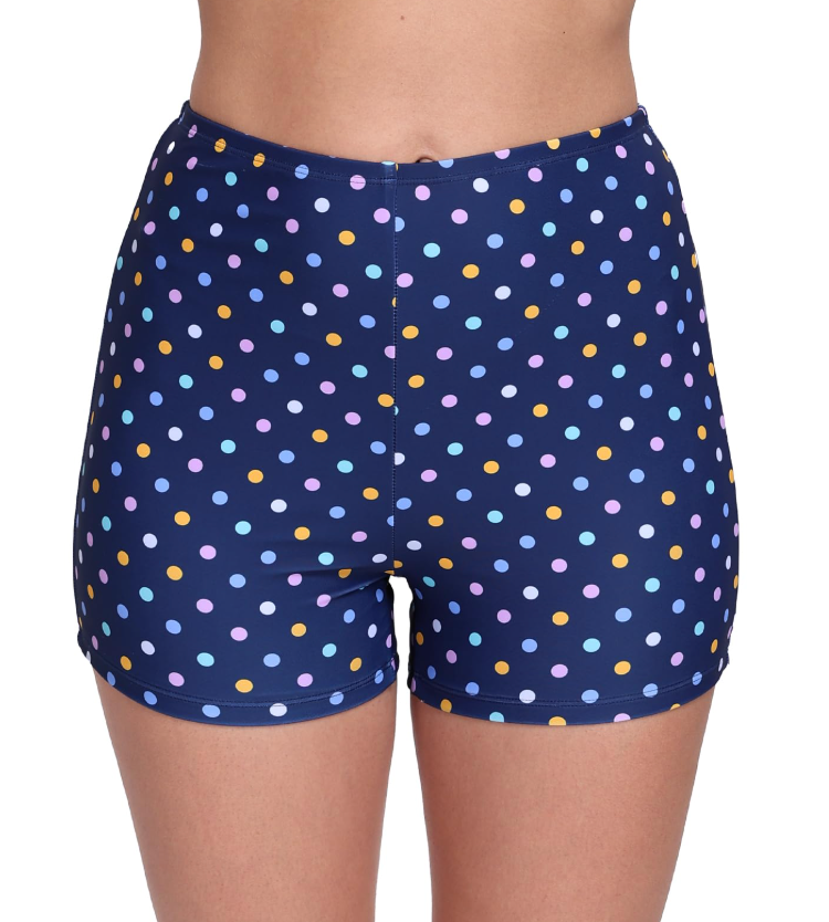 Halcurt Women's 3" High Waisted Swim Board Shorts, Beach Quick Dry Boyshorts Swimsuit Bottoms Navy Colorful Dot, Large