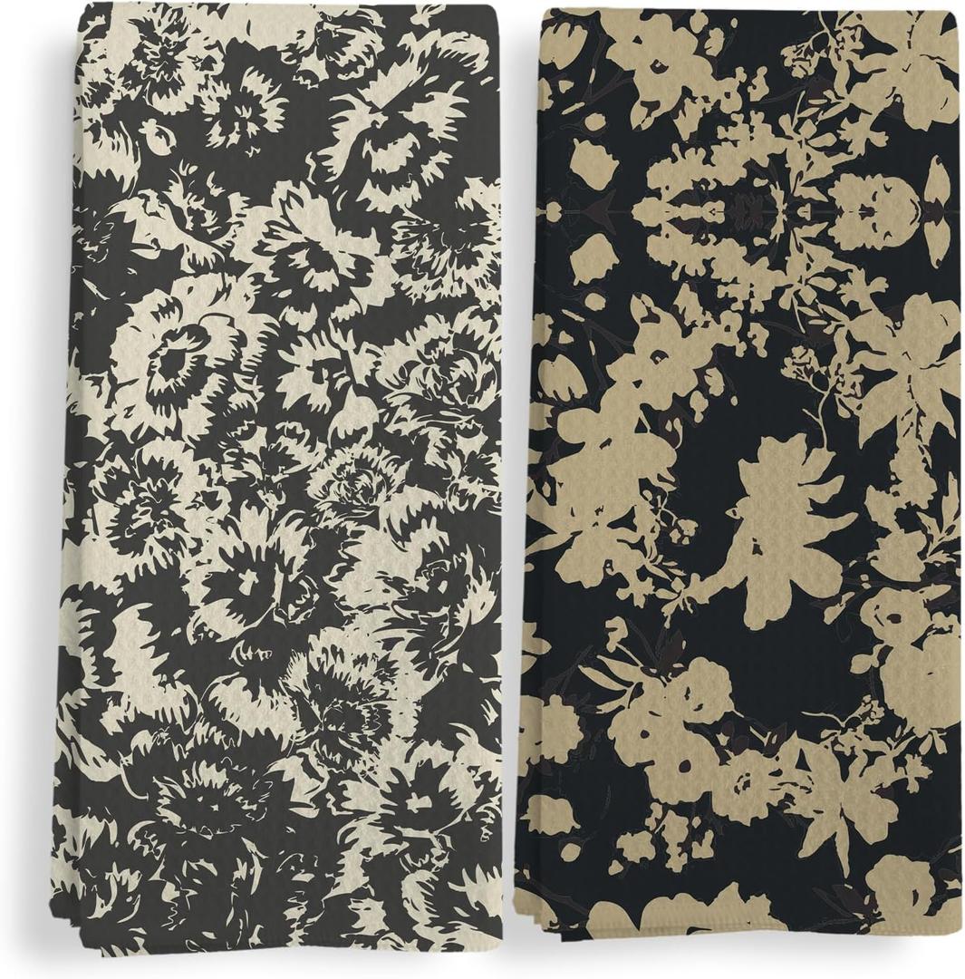 Boho Vintage Floral Kitchen Towels, Retro Abstract Floral Kitchen Towels Decorative Set of 2, Floral Hand Towels for Bathroom, Boho Flowers Hand Dish Tea Towels for Kitchen 16X24In