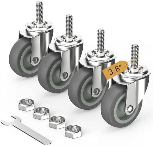 HOLKIE Caster Wheels 3 inch with No Brake Stem Casters, 3/8" -16 x 1-1/2" (Stem Diameter 3/8", Stem Length 1-1/2") Threaded Swivel Casters Set of 2 Heavy Duty Castors Grey