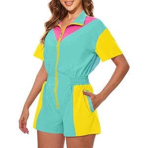 UOUA 80s Outfit Women 90s Jumpsuit Costume One-Piece Workout Track Suit Party Retro Clothing L