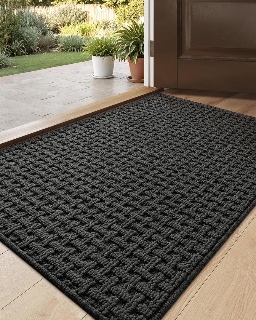 Front Door Mat Entrance Dirt Trapper, 50cm x 75cm  Washable Non-Slip Mats Inside Entryway Low Profile, Stain Resistant Absorbent Welcome Entry Doormat for House Floor Back Home, Black Mixed Grey 2pcs