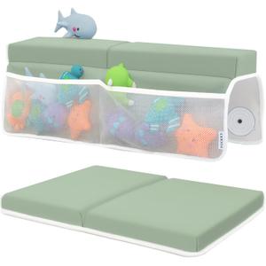 Comfortable Baby Bath Kneeler and Elbow Rest Pad Set Thick Memory Foam Bath Kneeling Pad with Elbow Support Baby Bathtub Cushion with Toy Organizer for Bathing Infant or Toddler - Green
