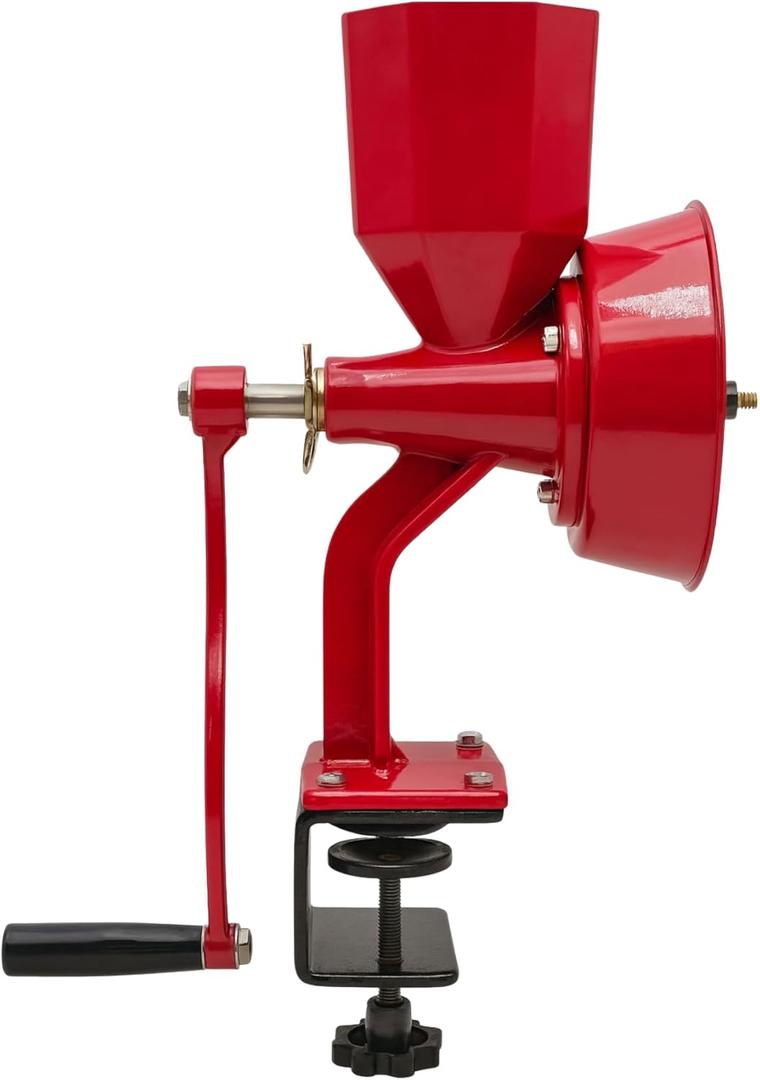 WONDERMILL Manual Hand Crank Grain Mill-Corn, flour mill grinder for home kitchen-Aircraft Aluminum. For Dry and Oily Grains - High Hopper, Spice, Wheat Stone Mill (Red).