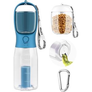 20oz Dog Water Bottle with Food Container & Poop Bag Dispenser | Leak-Proof Portable Pet Water Dispenser with Carabiner Clip | for Walking, Hiking, Travel (Dark Blue, 20oz)