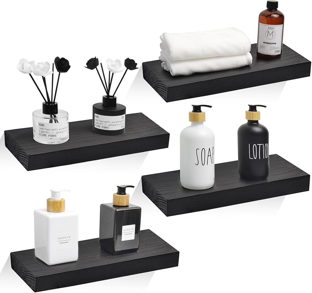 Black Floating Shelves for Wall, 15.7 x 5.9 x 1.5 inch Wall Shelves for Bedroom, Living Room, Kitchen and Home Decor (Set of 4)