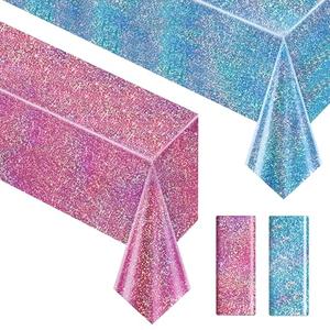 Just Shimmer Sparkling Holographic Laser Tablecloth - Shimmering, Waterproof, Easy to Clean - Ideal for Bachelorette, Birthday, Wedding, and Anniversary Party Decorations (Pink & Light Blue, 2)