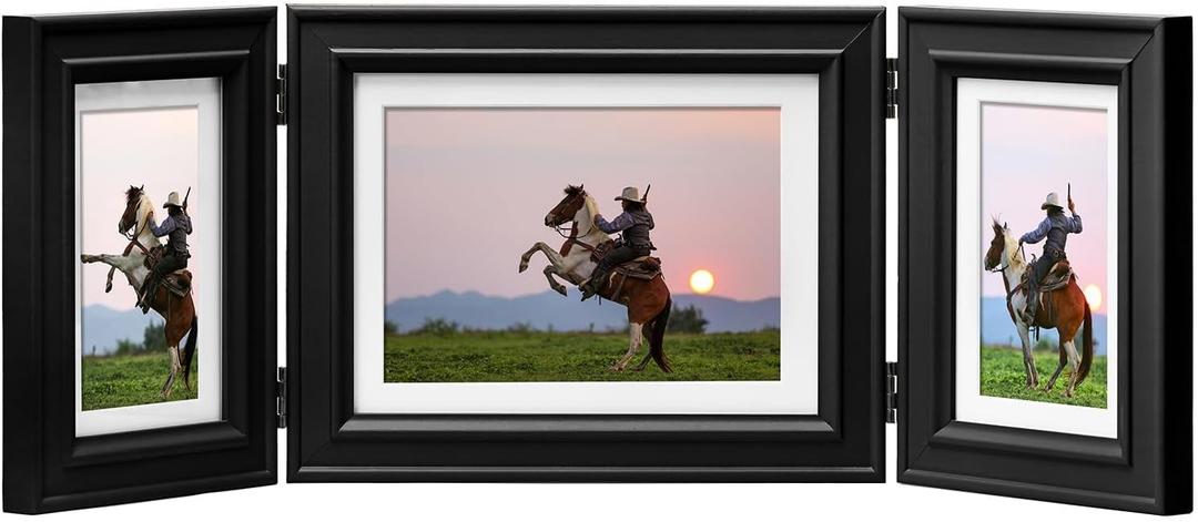 3 Picture Frame Trifold Hinged Pine Wood Photo Frame with Real Glass, Combo Display One 6x8 & Two 4x6 Photos Matted to 5x7/3x5, Free-Standing Desk Tabletop or Wall Decor, Black