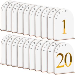 AceOrbit 20 Pcs Wooden Wedding Table Numbers 1-20 with Base, 5 x 7 Inch Self Standing Gold Table Numbers for Wedding Reception Rustic Arch Sign for Tables Centerpieces Banquet Restaurant Party Decor
