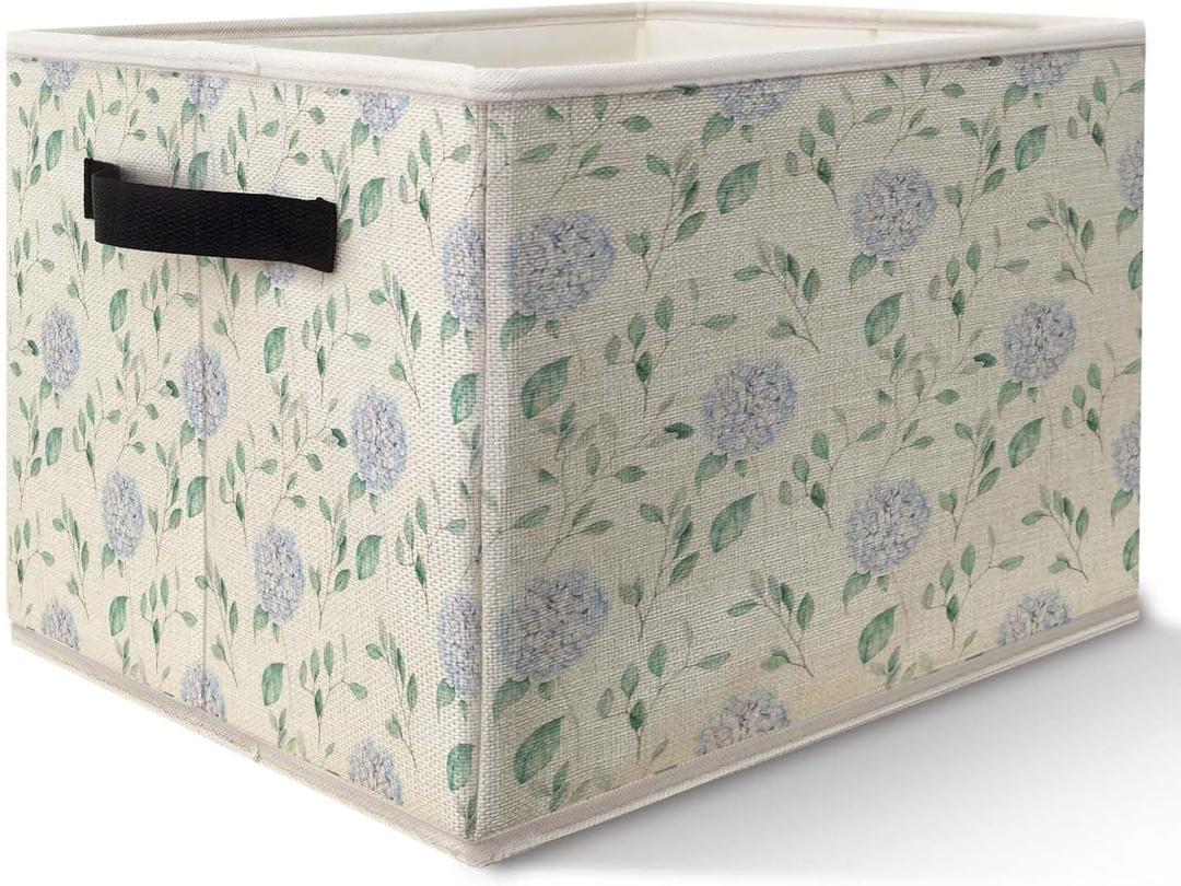 Blue Hydrangea Floral Storage Bins Basket, Rustic Cottagecore Flower Botanical Collapsible Fabric Storage Box Organizer Toybox for Bedroom Bathroom Clothes Books Toys (SNL032)