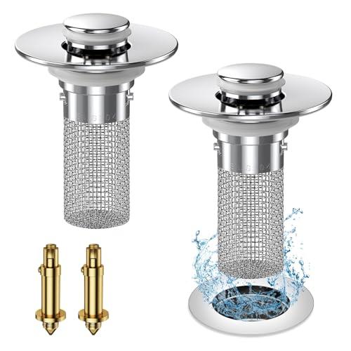 Vakabiu 2024 New Pop Up Bathroom Sink Drain Strainer Hair Catcher, Sink Drain Stopper with Removable Stainless Steel Filter Basket, for US Bathroom Sink Stopper Replacement (2PCS)
