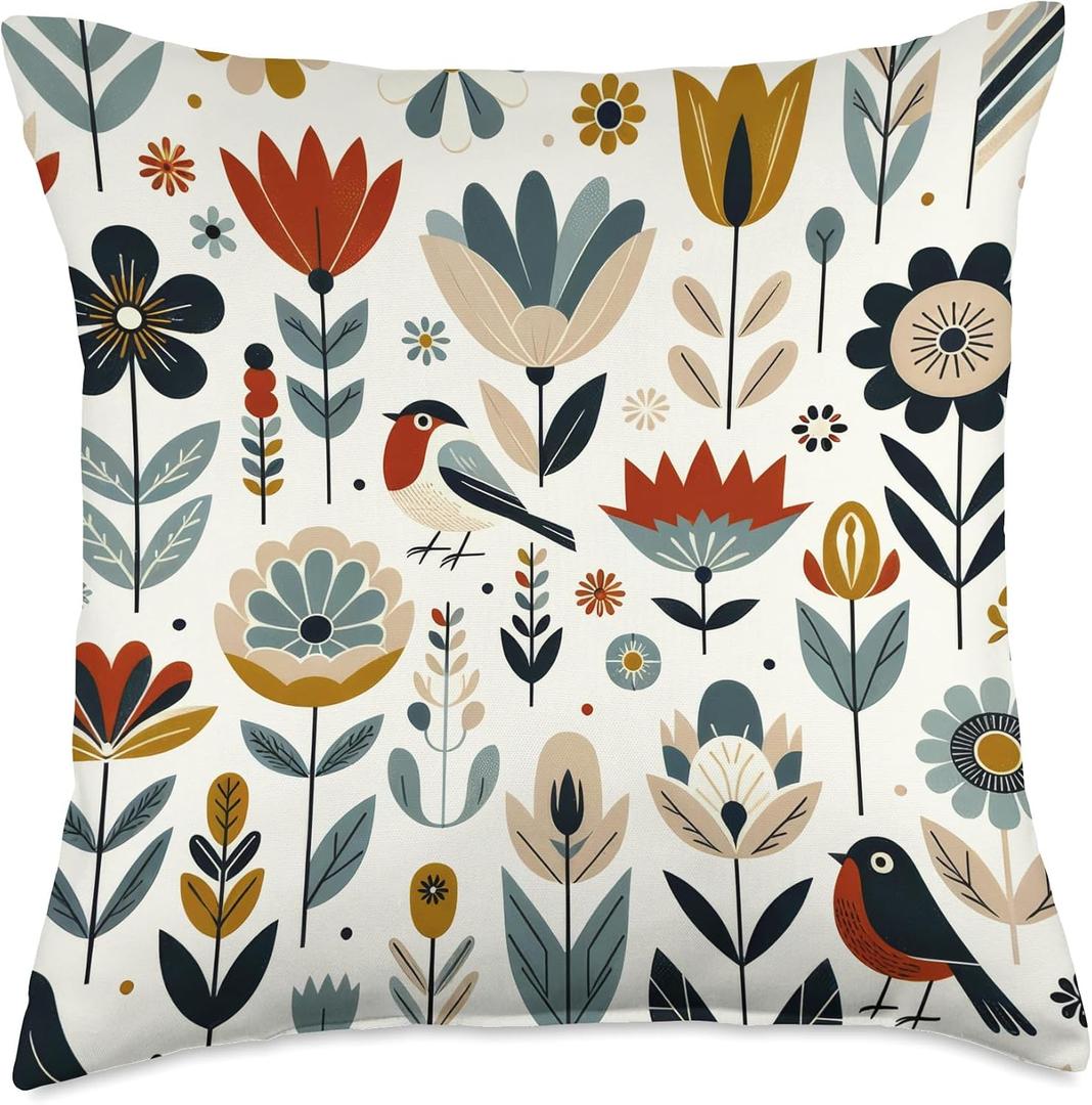 Flowers Birds Nature, For Her Women Scandinavian Art Floral Throw Pillow