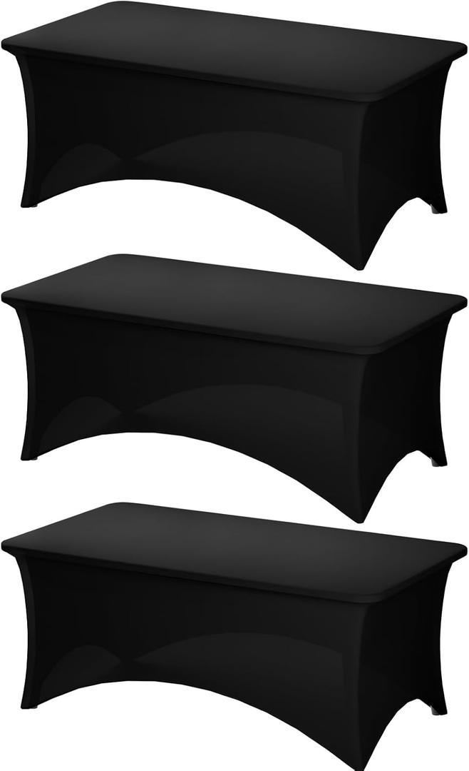 Fixwal 3 Pack Black Table Cloth for 6FT Rectangle Tables, Rectangular Tablecloths Stretch Spandex Fitted Table Covers 6FT for Parties, Trade Shows, Banquet, Weddings, Buffet, Graduation Decorations