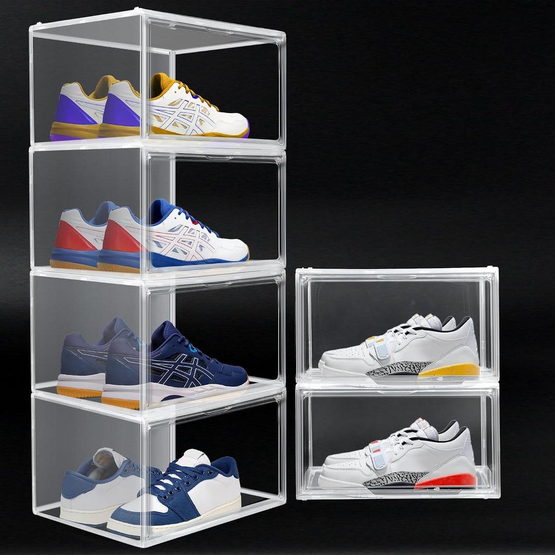 2 Pack Plastic Shoe Storage Boxes Fit US Size 13, Clear Stackable Shoe Display Case with Magnetic Acrylic Door, Shoe Containers for Sneaker Storage, Hats, Figure, Collectible
