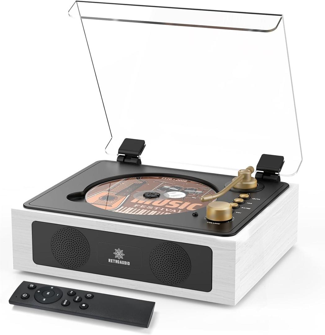 CD Player with Built-in Stereo Speakers Portable Support Bluetooth Nostalgic CD Players for Home Headphone Jack (White)