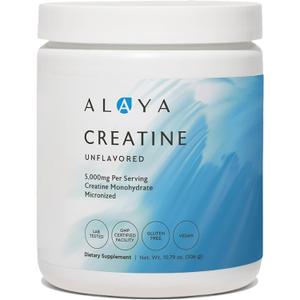 Alaya Naturals Micronized Creatine Monohydrate Powder Pure Performance Fuel for Strength, Mental Focus, Vegan, Non-GMO, Easily Mixable & Flavorless - 5 g. Bbd 02/28