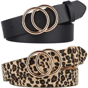 UnFader Pack 2 Women Belts for Jeans with Fashion Double O-Ring Buckle and Faux Leather (Fits Waist Size from 45"-49")