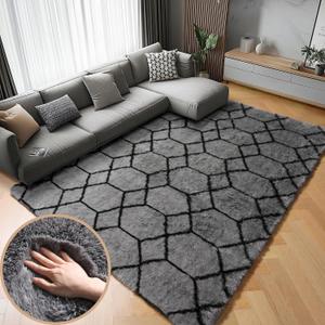 ONASAR Rugs for Living Room, Fluffy Soft 5x8 Grey and Black Geometric Area Rug for Bedroom, Shaggy Fuzzy Plush Moroccan Floor Carpet for Kids Boys Girls Teen Nursery Dorm Office Home Decor Aesthetic