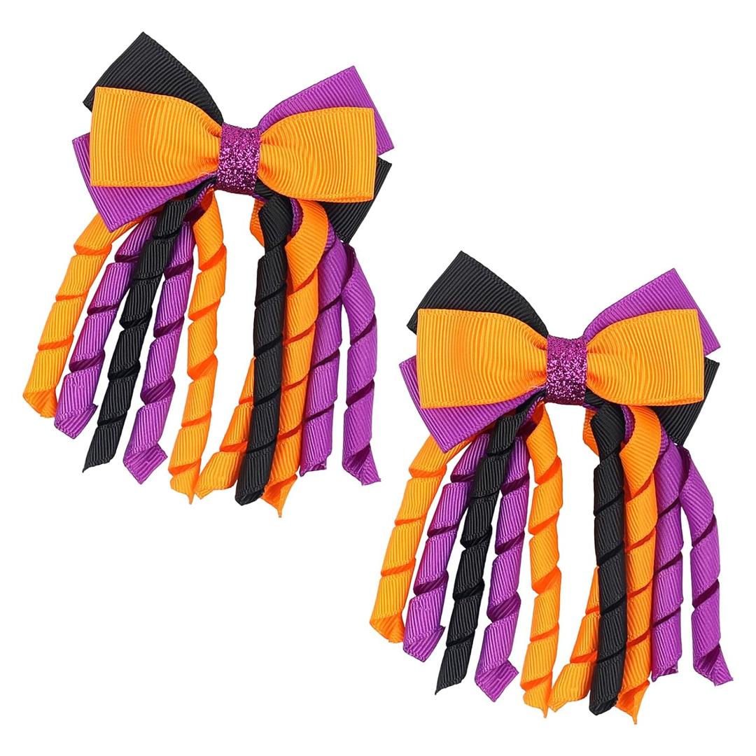 Doneace Halloween Hair Bow Clips 3 Inch Black Orange Purple Curly Ribbon Hair Clips Handmade Kids Girls Trick or Treat Hair Accessories for Halloween Party Decor (1 Count (Pack of 2))