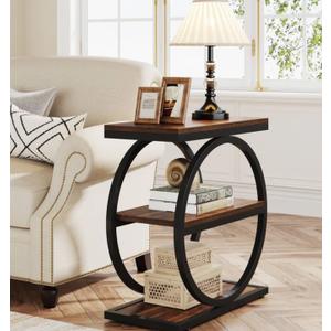 3-Tier End Table, Industrial Sofa Side Table with Round Metal Frame