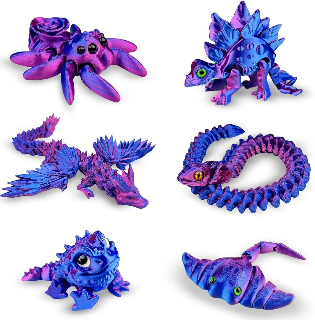 3D Printed Animals Sets - 6PCS Dragon Snake Spider Stingray Collections Fidget Stuff for Adults, Desk Home Office Decor, Birthday Party Halloween (Blue and Purple Set)