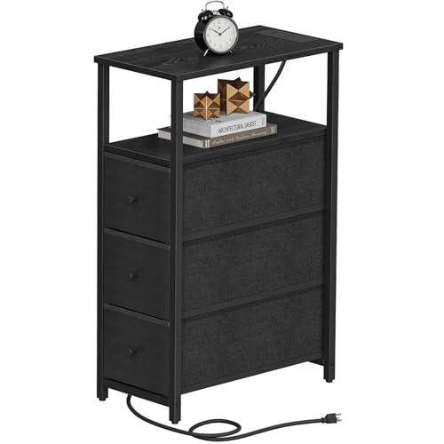 TUTOTAK Narrow Night Stand with Charging Station, Slim End Table with Plugins, Tall Side Table with 3 Fabric Drawer, Small Bedside Table with Storage, Living Room, Bedroom, Black TB01BK086