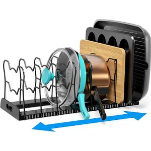 Simple Houseware Expandable Pan Organizer Rack, 6Adjustable Compartments, Black - Kitchen Cabinet Organizer for Pots, Pans, Lids & Bakeware - Pantry & Countertop Storage