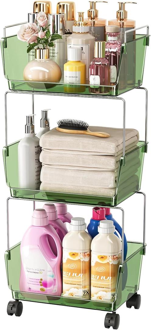 Delamu 3-Tier Metal Rolling Cart for Kitchen, Bathroom, Office  Plastic Utility Storage Carts with Wheels  Ideal for Small Spaces, Pantry, Classroom, Workshop Organization and Storage, Green
