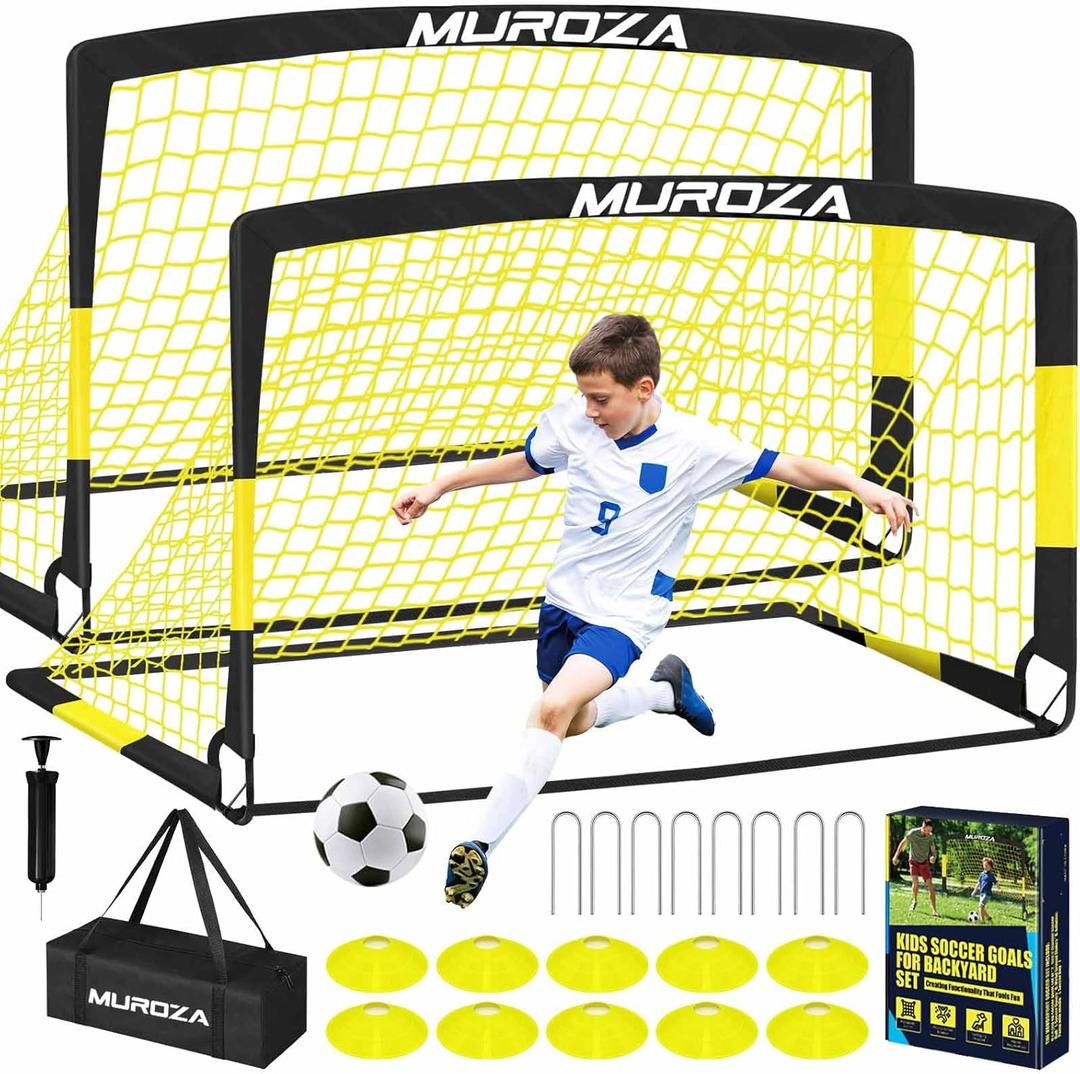 Soccer Goal, Kids Soccer Goals for Backyard Set, 2 Pack of Portable Pop Up Soccer Net with Soccer Ball, Cones, Complete Training Equipment for Youth, Toddler Outdoor Sports Games (Black Yellow)