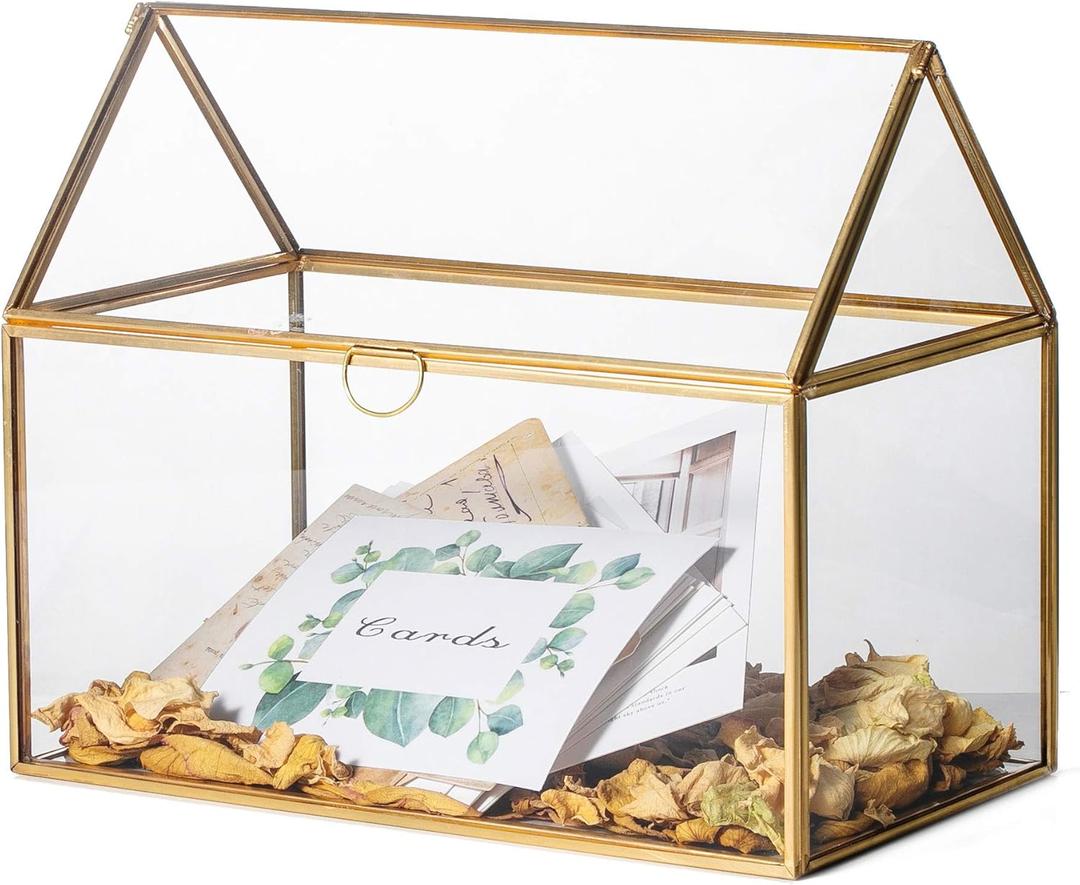 NCYP Glass Card Box for Wedding Reception - 10.2" x 5.9" x 8.2" House Shape Clear Terrarium Planter, Home Party Tabletop Decor, Centerpiece, Gold (Glass Box Only)