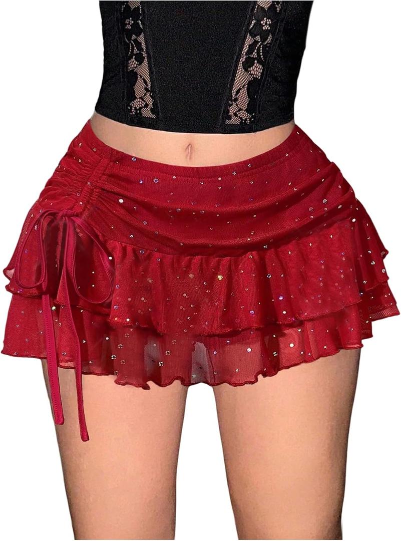 RoseSeek Women's Y2K Sequin Mesh Ruffle Layered Skirts Drop Waist Glitter Ruched Mini Skirt Concert Outfits (Red, L)