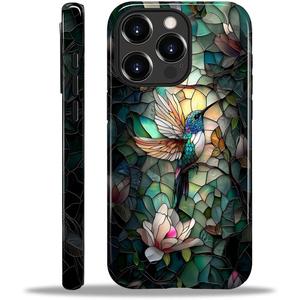 Compatible with iPhone 14 Pro Max Case,Hybrid 2-Layer Hard Shell Silicone Case - Stained Glass Hummingbird - Scratch Resistant Shockproof Cover