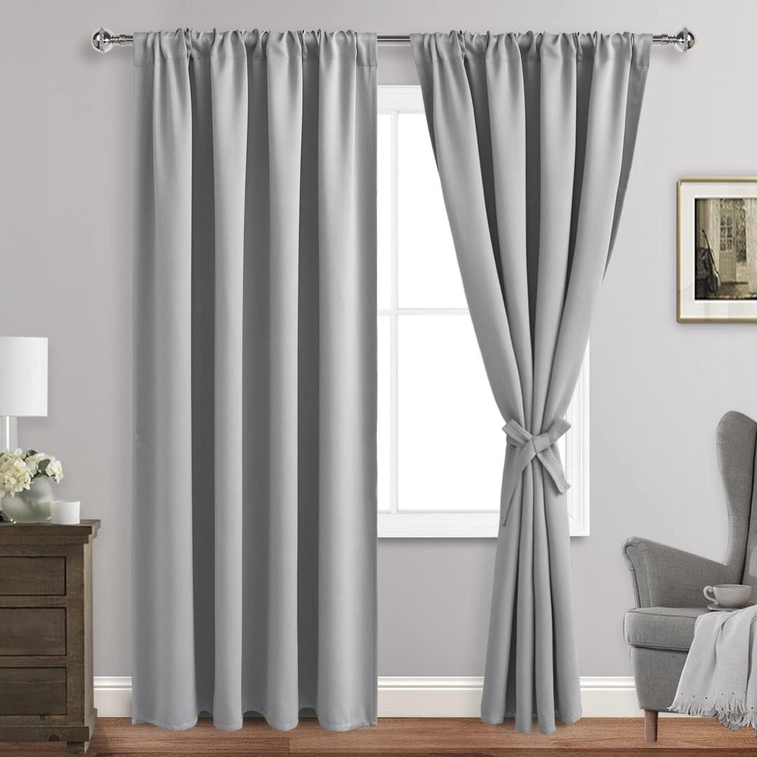 JIUZHEN Silver Grey Curtains for Bedroom - Thermal Insulated Blackout Curtains with Tiebacks 2 Panels, Room Darkening Rod Pocket Curtains for Living Room, 52 x 90 Inch Length (52"W x 90"L (Pack of 2))