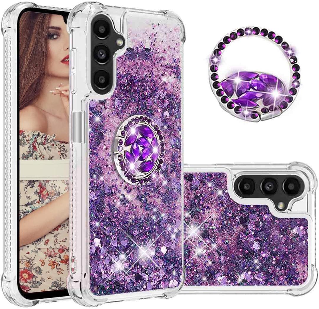 CCSmall Glitter Clear Sparkly Bling Case for Samsung Galaxy A14 5G for Women Girls, Flowing Liquid Quicksand Cover with Diamond Ring Holder Case for Samsung Galaxy A14 4G/5G LSZ Purple
