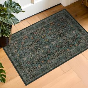 Dark Green Washable Entry Rug - Front Door Throw Rugs Indoor, Non-Slip Bathroom Small Rugs, Vintage Floral Thin Rug for Kitchen, Boho Entryway Dcor (2x3 Dark Green)