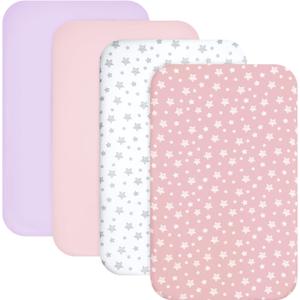 Mini Crib Sheets Fitted 4 Pack for Girls (38" X 24"), Compatible with Dream on Me, Delta Porta Crib and Arms Reach Ideal Cosleeper, Pink