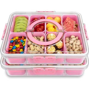 Divided Serving Tray with Lid and Handle,8 Compartments Snacks Box,Snack Fruit Tray,Veggie Tray,Portable Platter for Candy Fruits Nuts Snack Party Entertaining Picnic (2PCS Pink)