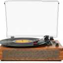 Vinyl Record Player with Built-in Bluetooth, USB Recording, Stereo Speakers, Belt-Driven Vintage Record Player 3 Speeds & 3 Sizes, Portable, AUX Input LP Player (Brown)