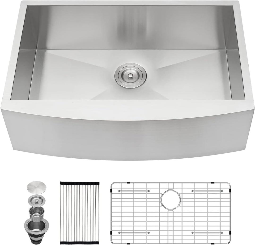 Kichae 33 Inch Farmer Sink - 33 x 20 Farmhouse Sink Stainless Steel 16 Gauge Single Bowl Apron Front Farm Style Basin