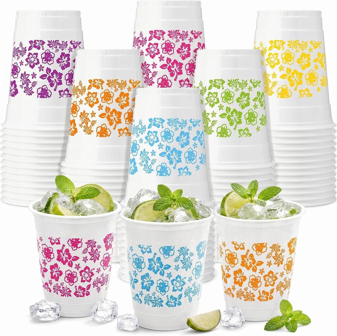 Yungyan 100 Pack 12 oz Hawaiian Luau Party Decorations Cups Tropical Disposable Plastic Flower Drinking Cups for Summer Birthday, Beach Party, Pool BBQ, Picnic