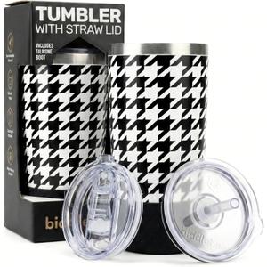 2 x Biddlebee 20oz Insulated Tumbler with Straw and Slider Lids | Cute Stainless Steel Coffee Cup and Water Bottle with Silicone Boot | Gift for Women, Mom or Best Friend | Travel Mug Hot Cold (Black/White)