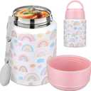 Soup Thermo for Hot Food Kids 16oz Insulated Food Jar Leakproof Thermo Lunch Container for Kids Wide-Mouth Stainless Steel Lunch Box for School with Handle Folding Spoon(3+) (16oz-White Rainbow)
